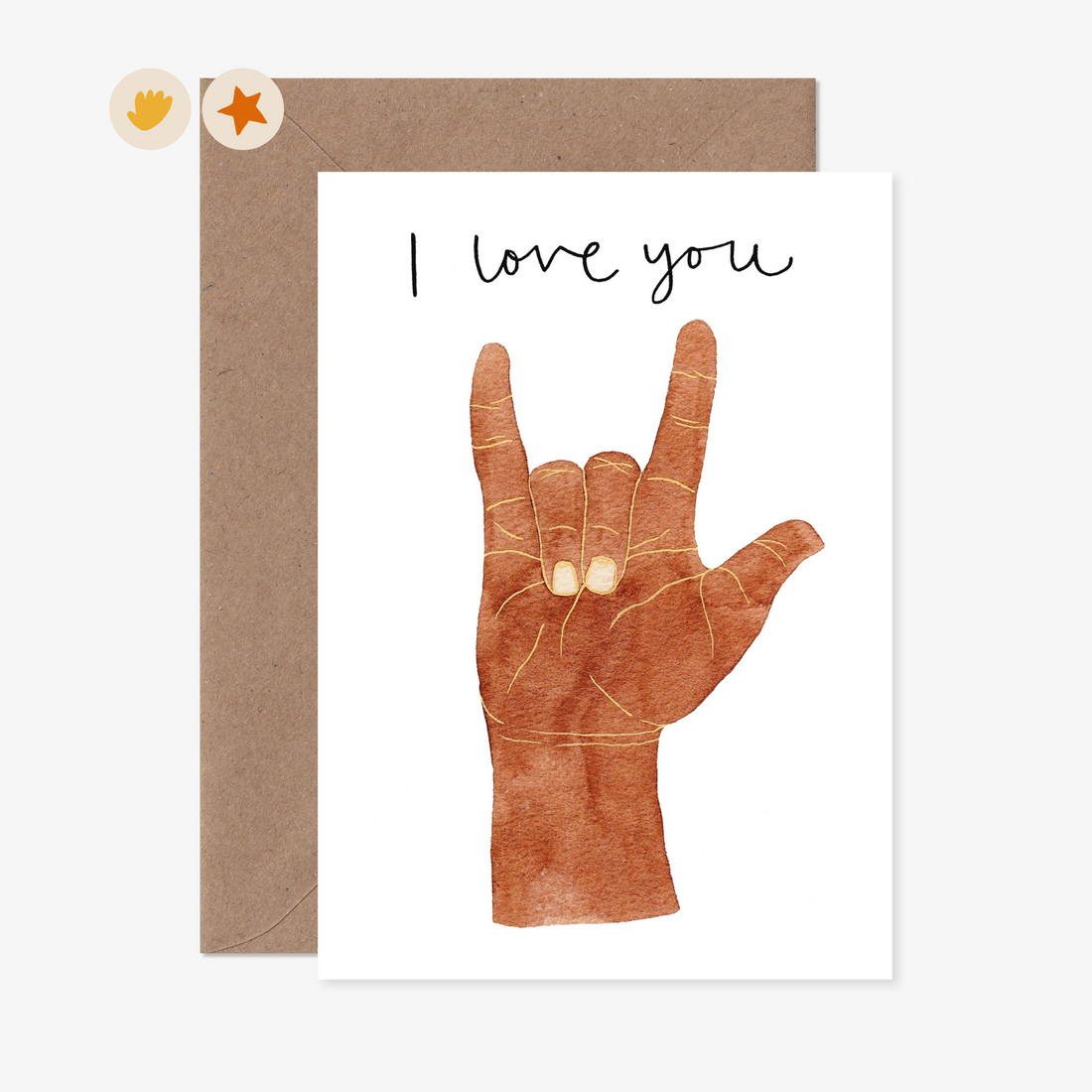 Card with a dark skinned hand doing the &quot;I Love You&quot; sign language sign with the words &quot;I love you&quot; in a script font.