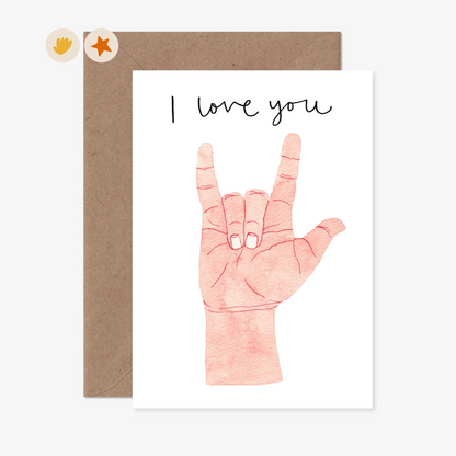 Card with a light skinned hand doing the &quot;I Love You&quot; sign language sign with the words &quot;I love you&quot; in a script font.