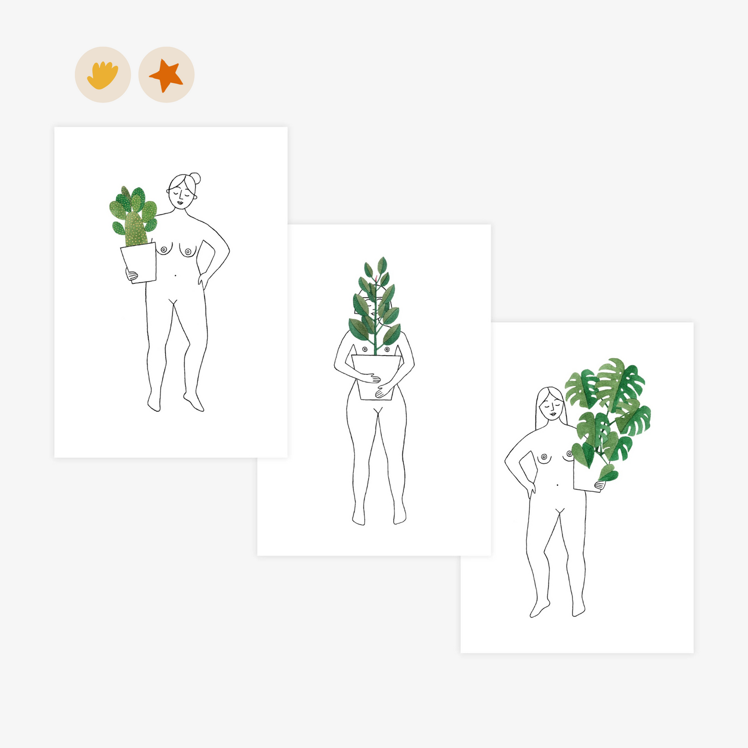 Set of 3 postcards with illustrated black and white outlines of nude women holding plant pots with green plants. 