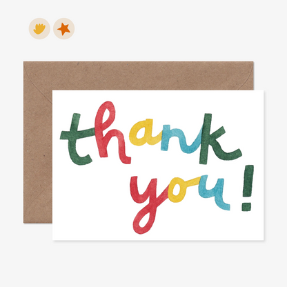 Card with &quot;thank you!&quot; in a playful font with green, red, yellow and blue letters.