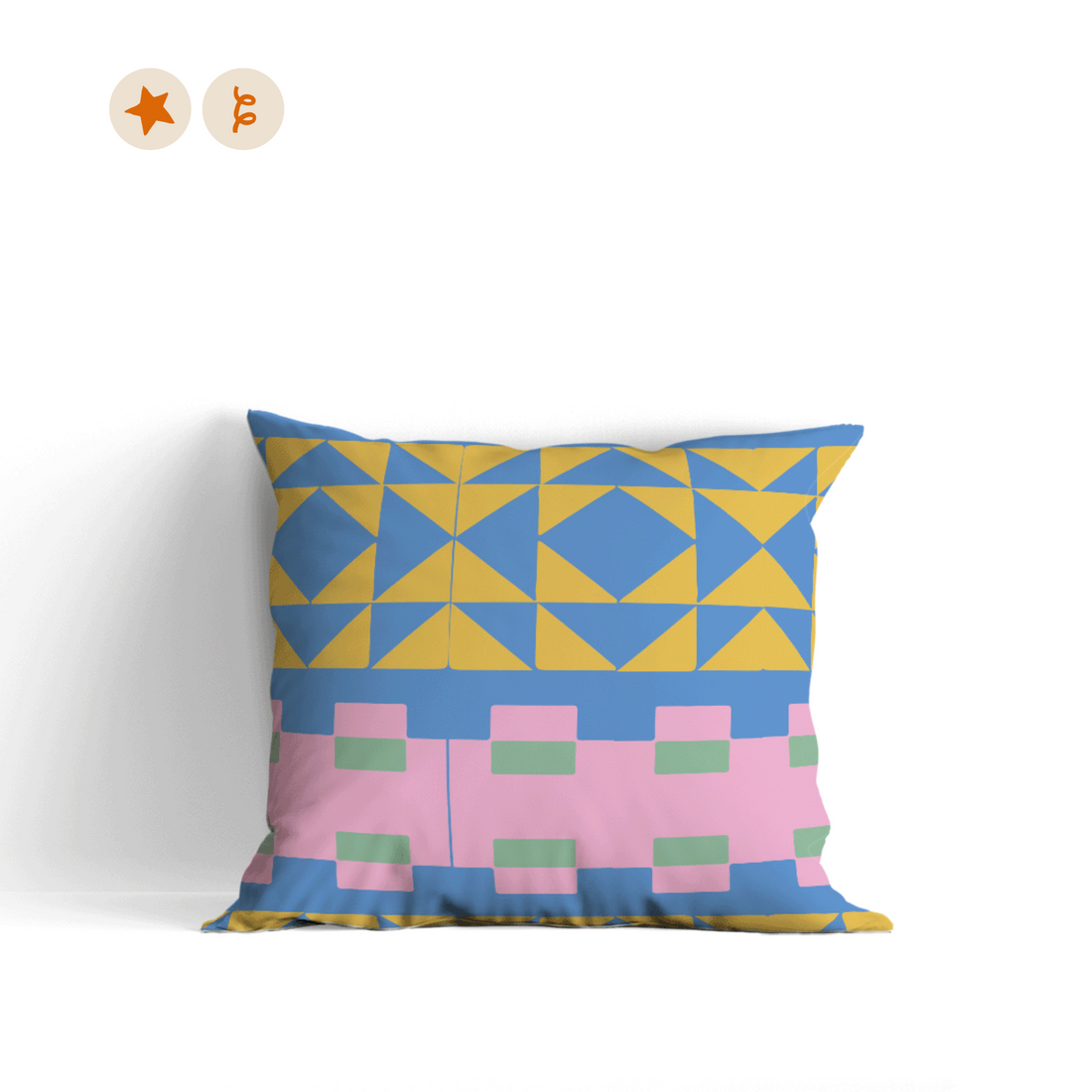 Cushion cover with a yellow and blue geometric triangle pattern and a pink and green rectangle pattern.